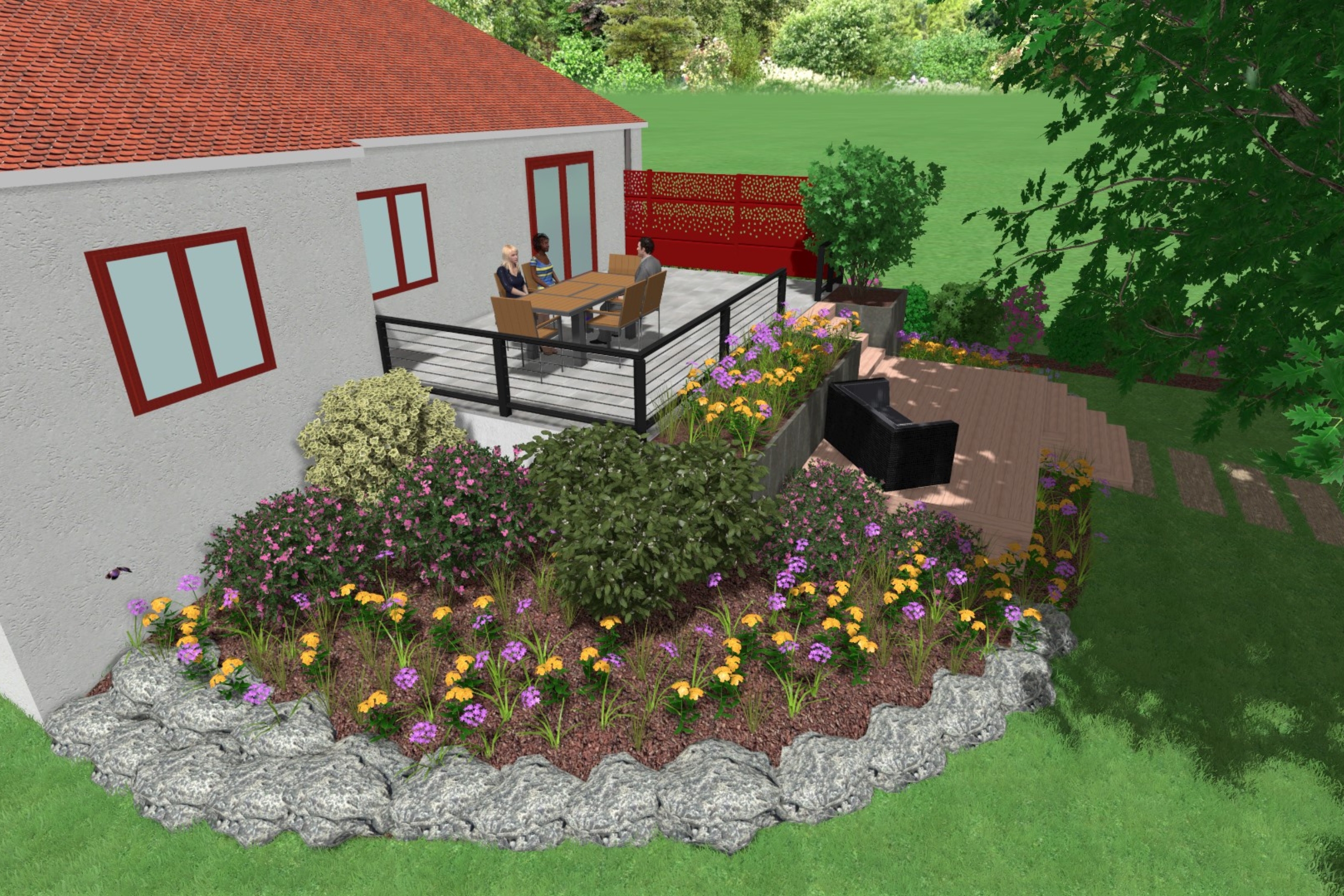 Modélisation 3D d'un aménagement de jardin sur plusieurs niveaux comprenant une terrasse haute carrelée avec coin repas, un escalier menant à une terrasse en bois avec salon de jardin, et des massifs de fleurs colorés bordés de rochers.